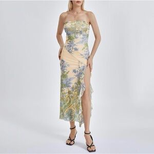 Women Tube Dress Y2k Ruffle Backless Floral Print Bodycon Maxi Dress Size Small